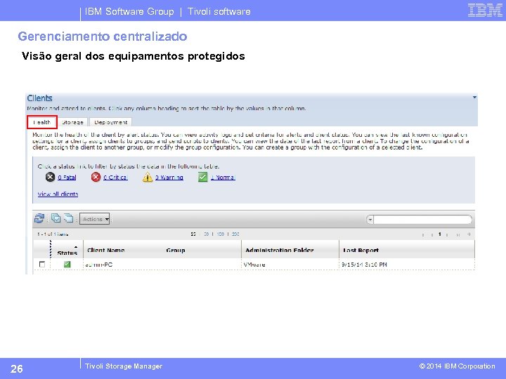 IBM Software Group | Tivoli software Gerenciamento centralizado Visão geral dos equipamentos protegidos 26