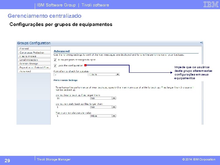 IBM Software Group | Tivoli software Gerenciamento centralizado Configurações por grupos de equipamentos Impede