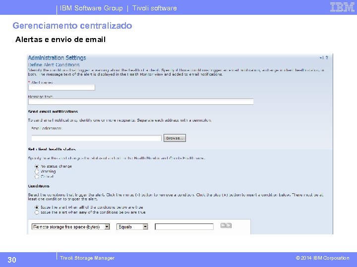 IBM Software Group | Tivoli software Gerenciamento centralizado Alertas e envio de email 30