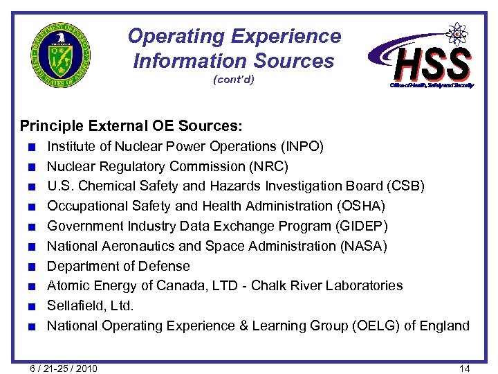 Operating Experience Information Sources (cont’d) Principle External OE Sources: Institute of Nuclear Power Operations