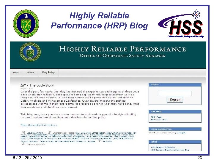 Highly Reliable Performance (HRP) Blog 6 / 21 -25 / 2010 23 