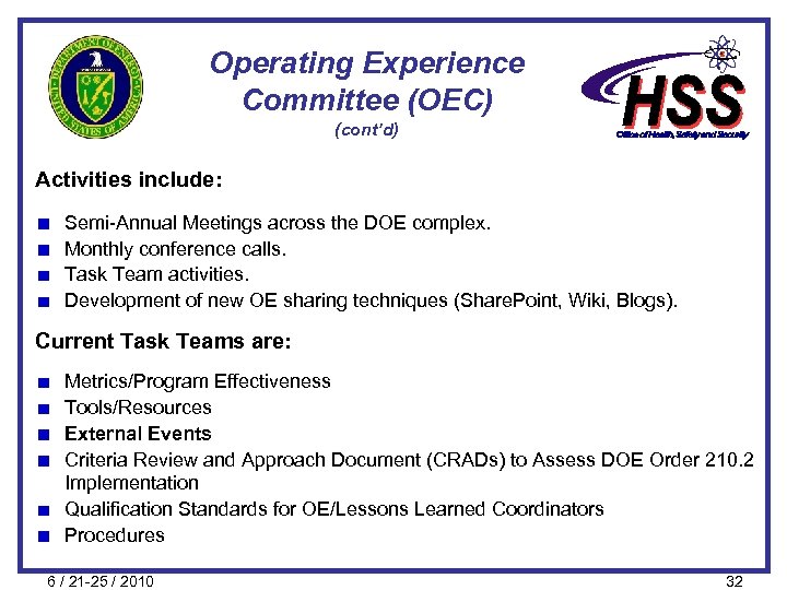 Operating Experience Committee (OEC) (cont’d) Activities include: Semi-Annual Meetings across the DOE complex. Monthly