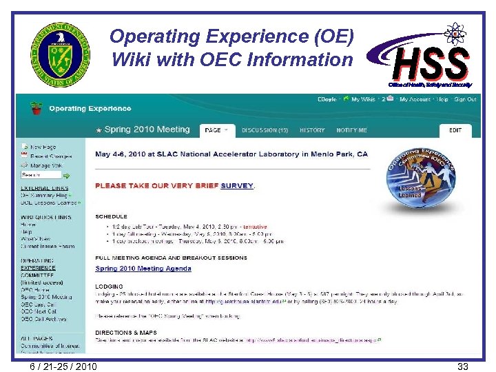 Operating Experience (OE) Wiki with OEC Information 6 / 21 -25 / 2010 33