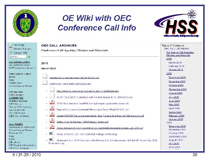 OE Wiki with OEC Conference Call Info 6 / 21 -25 / 2010 35