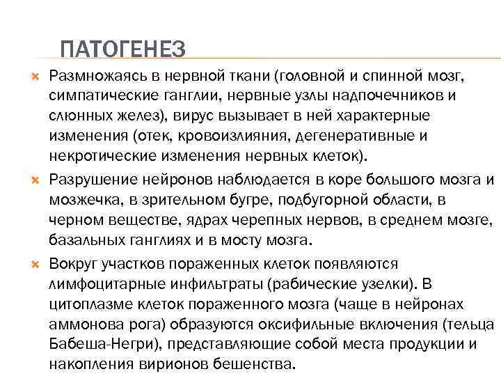 ПАТОГЕНЕЗ Размножаясь в нервной ткани (головной и спинной мозг, симпатические ганглии, нервные узлы надпочечников
