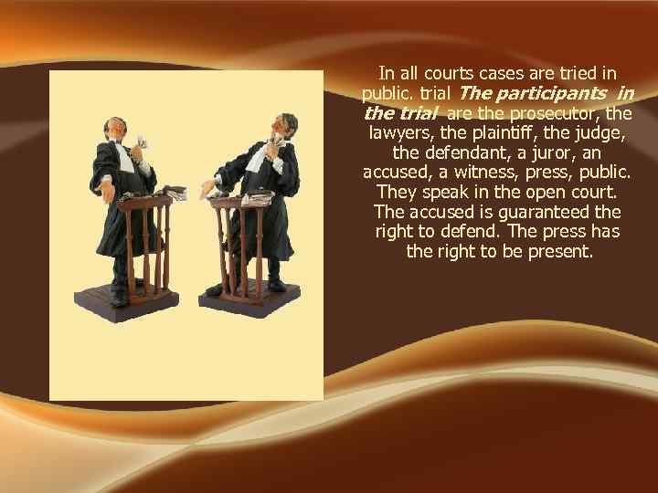 In all courts cases are tried in public. trial The participants in the trial