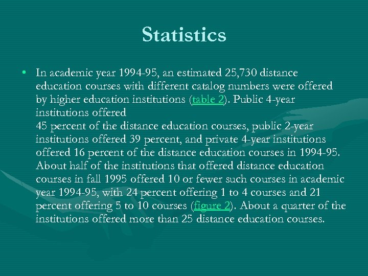 Statistics • In academic year 1994 -95, an estimated 25, 730 distance education courses
