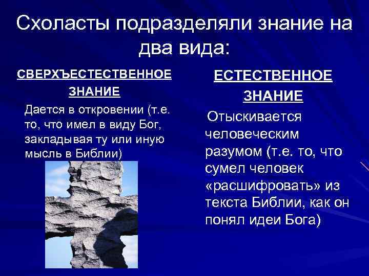 Схоласты подразделяли знание на два вида: СВЕРХЪЕСТЕСТВЕННОЕ ЗНАНИЕ Дается в откровении (т. е. то,