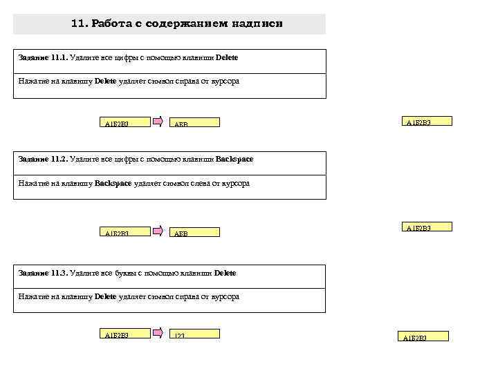 11. Работа с содержанием надписи Задание 11. 1. Удалите все цифры с помощью клавиши