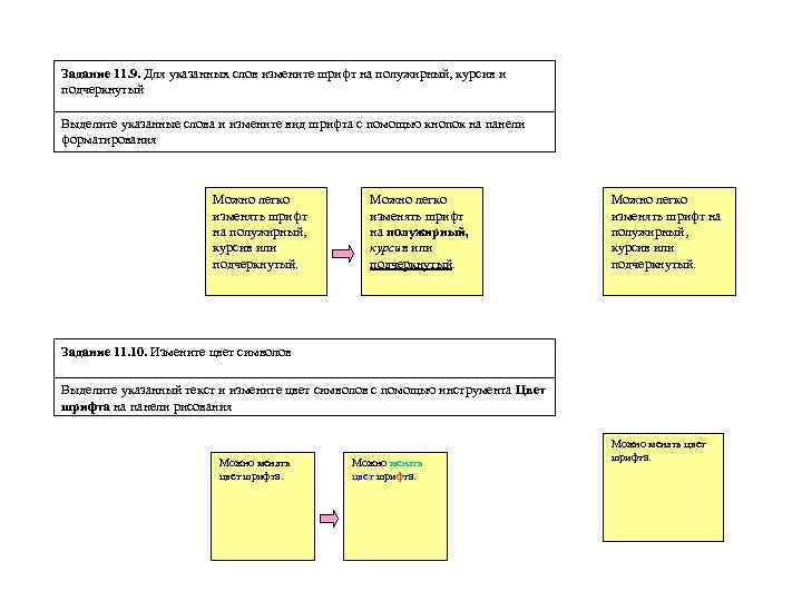 Задание 11. 9. Для указанных слов измените шрифт на полужирный, курсив и подчеркнутый Выделите