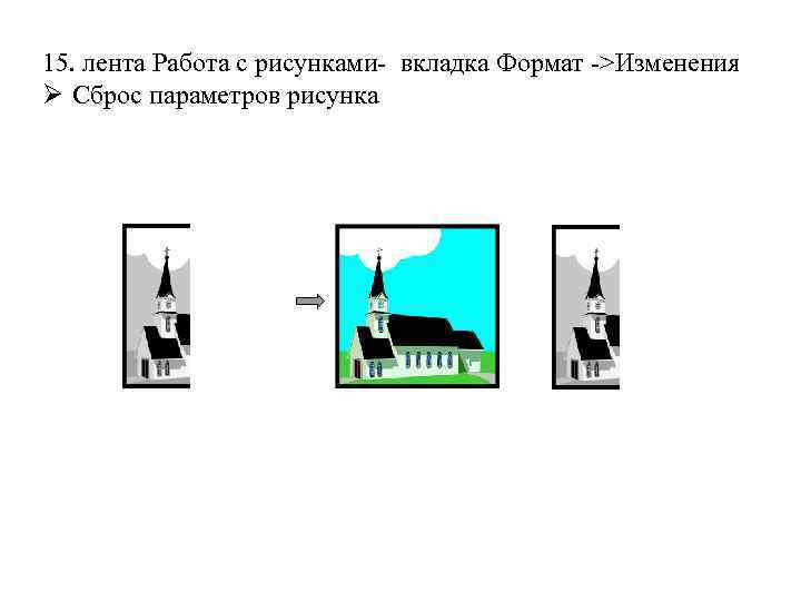 15. лента Работа с рисунками- вкладка Формат ->Изменения Ø Сброс параметров рисунка 