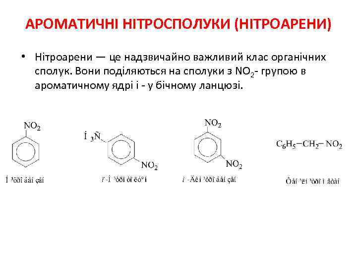 АРОМАТИЧНІ НІТРОСПОЛУКИ (НІТРОАРЕНИ) • Нітроарени ― це надзвичайно важливий клас органічних сполук. Вони поділяються