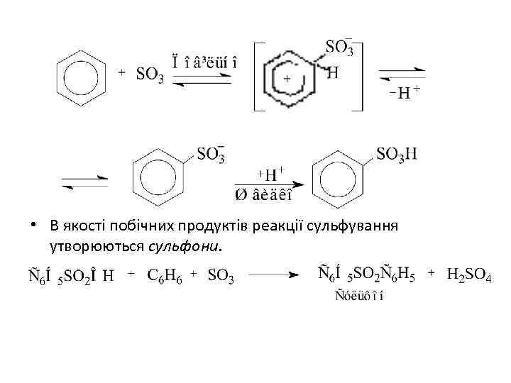  • В якості побічних продуктів реакції сульфування утворюються сульфони. 