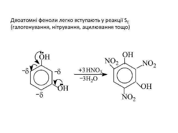 Двоатомні феноли легко вступають у реакції SE (галогенування, нітрування, ацилювання тощо) 