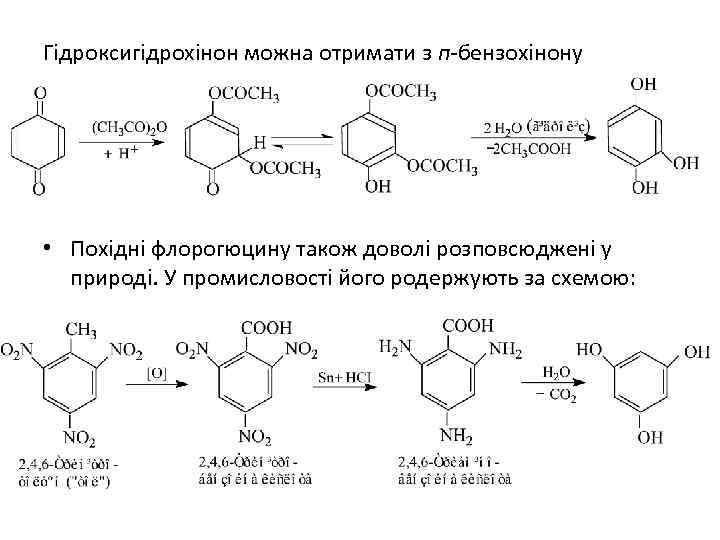Гідроксигідрохінон можна отримати з п-бензохінону • Похідні флорогюцину також доволі розповсюджені у природі. У