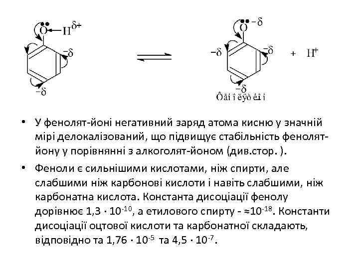  • У фенолят-йоні негативний заряд атома кисню у значній мірі делокалізований, що підвищує