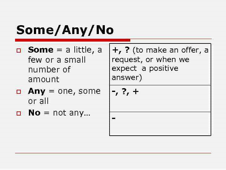 Some/Any/No o Some = a little, a few or a small number of amount