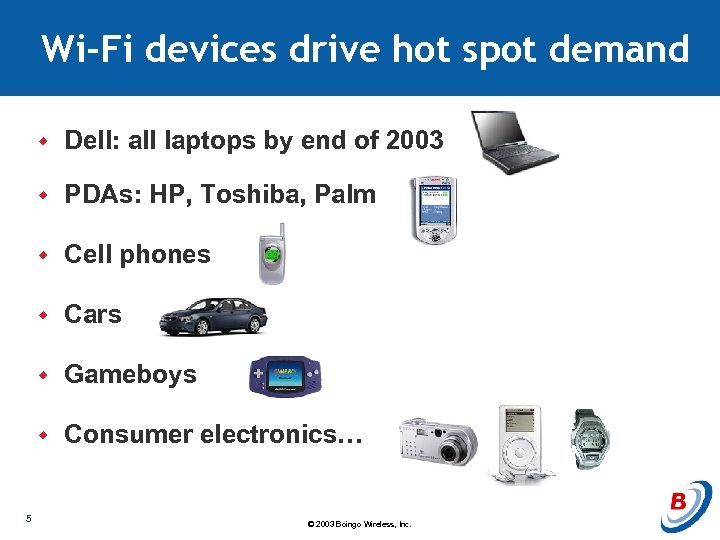 Wi-Fi devices drive hot spot demand w w PDAs: HP, Toshiba, Palm w Cell