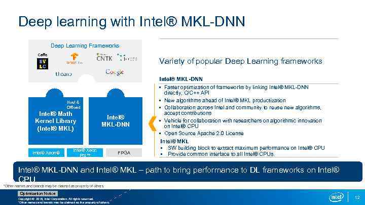 Deep learning with Intel® MKL-DNN Deep Learning Frameworks Caffe Variety of popular Deep Learning