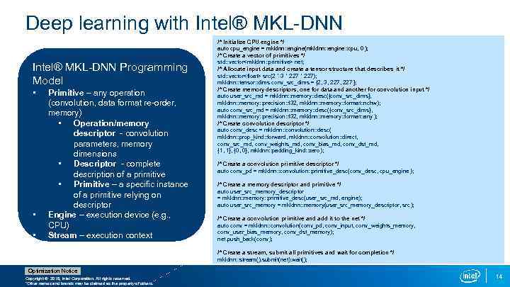 Deep learning with Intel® MKL-DNN Programming Model • • • Primitive – any operation