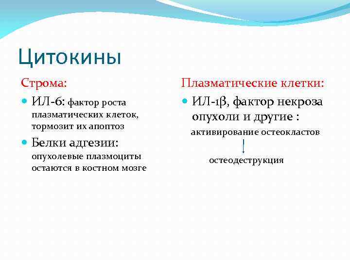 Цитокины Строма: ИЛ-6: фактор роста плазматических клеток, тормозит их апоптоз Белки адгезии: опухолевые плазмоциты