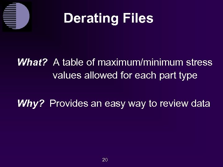 Derating Files What? A table of maximum/minimum stress values allowed for each part type