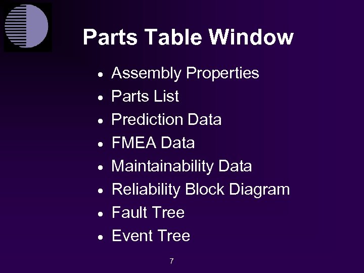 Parts Table Window · · · · Assembly Properties Parts List Prediction Data FMEA