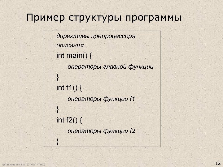 Пример структуры программы директивы препроцессора описания int main() { операторы главной функции } int