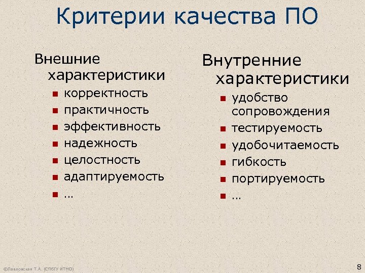 Критерии качества ПО Внешние характеристики n n n n корректность практичность эффективность надежность целостность