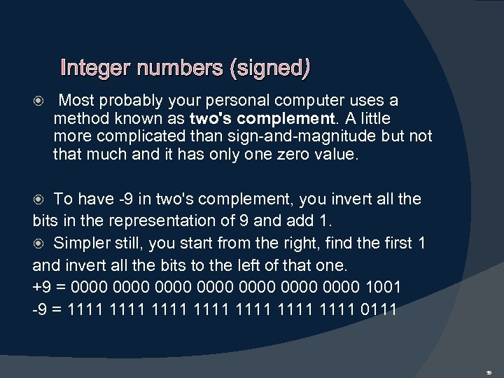 Integer numbers (signed) Most probably your personal computer uses a method known as two's