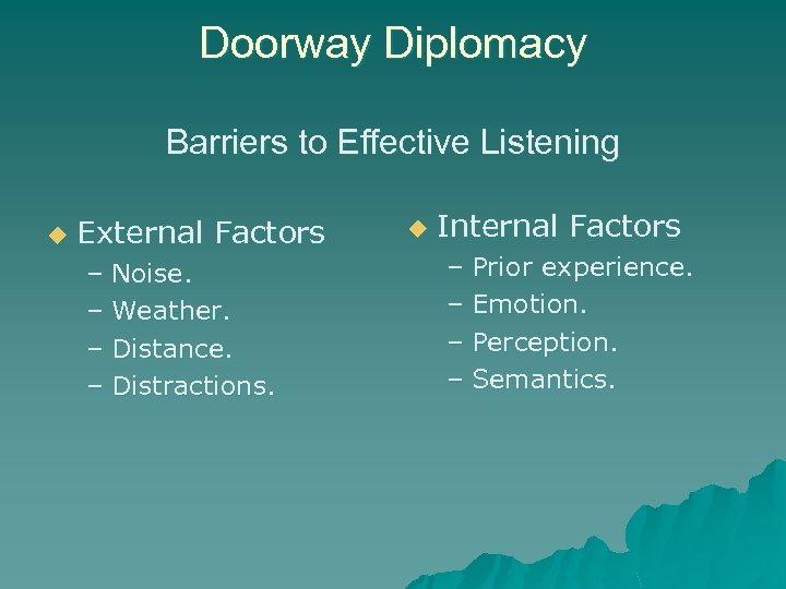 Doorway Diplomacy Barriers to Effective Listening u External Factors – Noise. – Weather. –