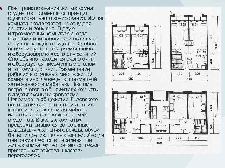  При проектировании жилых комнат студентов применяется принцип функционального зонирования. Жилая комната разделяется на