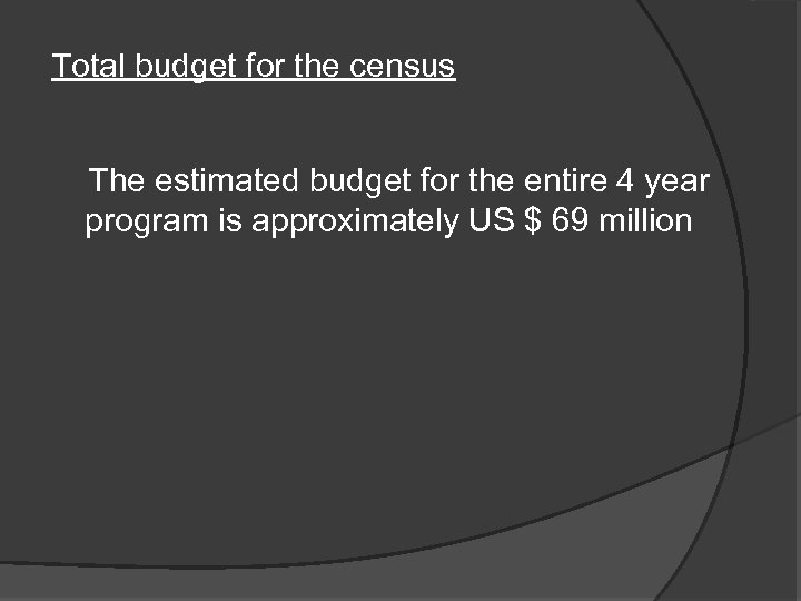 Total budget for the census The estimated budget for the entire 4 year program