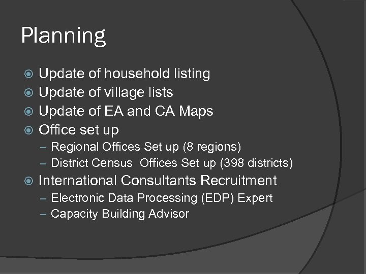 Planning Update of household listing Update of village lists Update of EA and CA