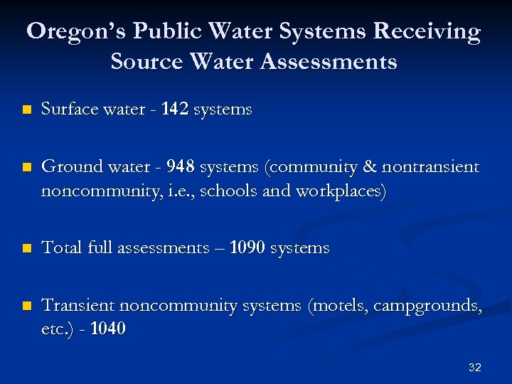 Oregon’s Public Water Systems Receiving Source Water Assessments n Surface water - 142 systems