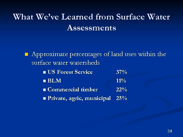 What We’ve Learned from Surface Water Assessments n Approximate percentages of land uses within