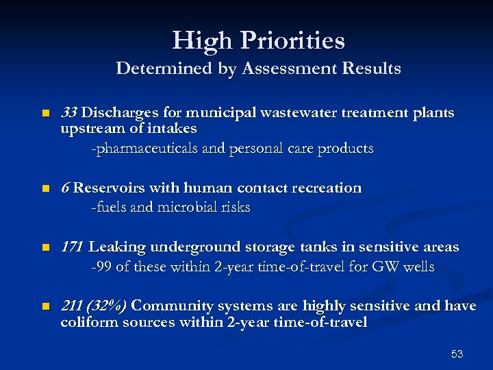 High Priorities Determined by Assessment Results n 33 Discharges for municipal wastewater treatment plants