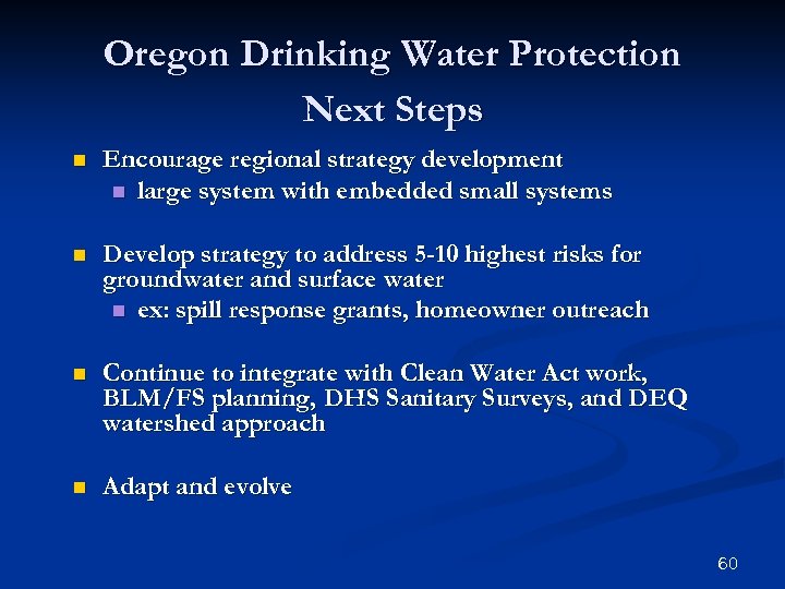 Oregon Drinking Water Protection Next Steps n Encourage regional strategy development n large system