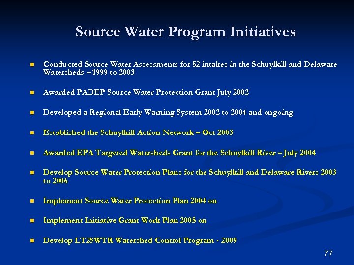 Source Water Program Initiatives n Conducted Source Water Assessments for 52 intakes in the