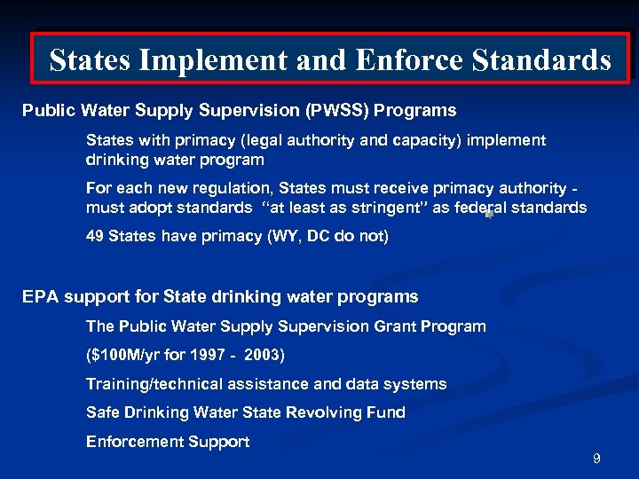 States Implement and Enforce Standards Public Water Supply Supervision (PWSS) Programs States with primacy