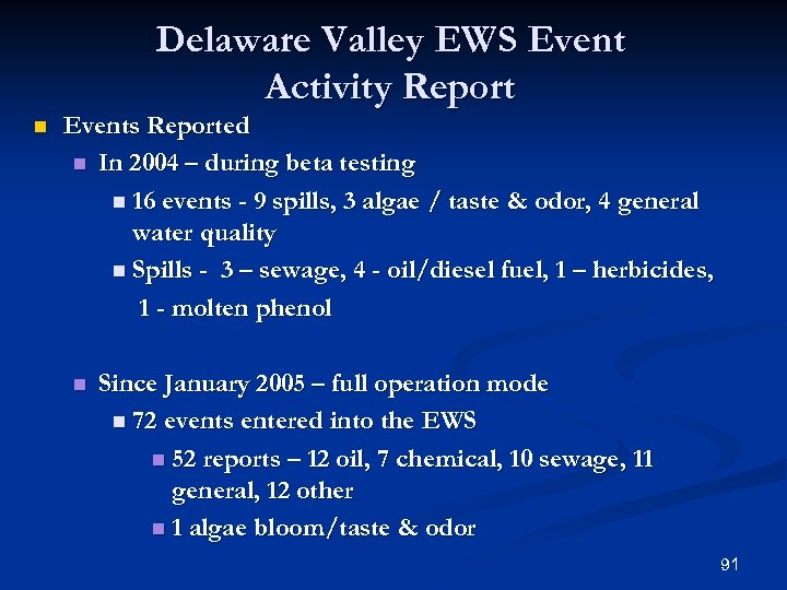 Delaware Valley EWS Event Activity Report n Events Reported n In 2004 – during