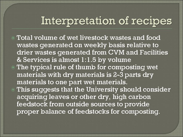 Interpretation of recipes Total volume of wet livestock wastes and food wastes generated on