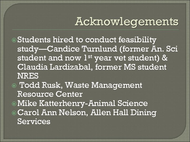 Acknowlegements Students hired to conduct feasibility study—Candice Turnlund (former An. Sci student and now