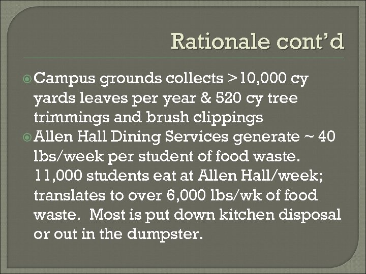 Rationale cont’d Campus grounds collects >10, 000 cy yards leaves per year & 520