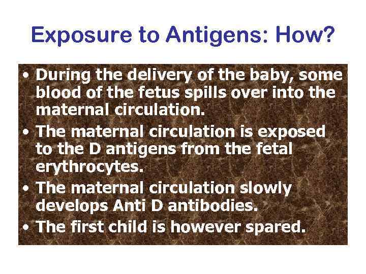 Exposure to Antigens: How? • During the delivery of the baby, some blood of
