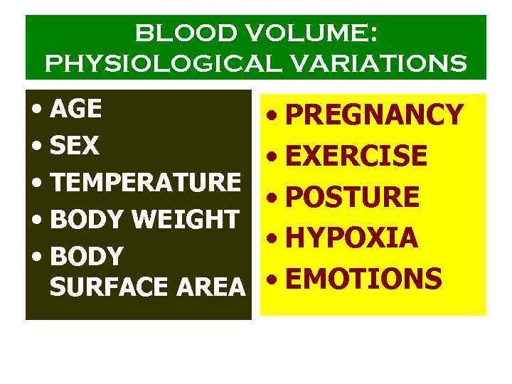 BLOOD VOLUME: PHYSIOLOGICAL VARIATIONS • AGE • SEX • TEMPERATURE • BODY WEIGHT •