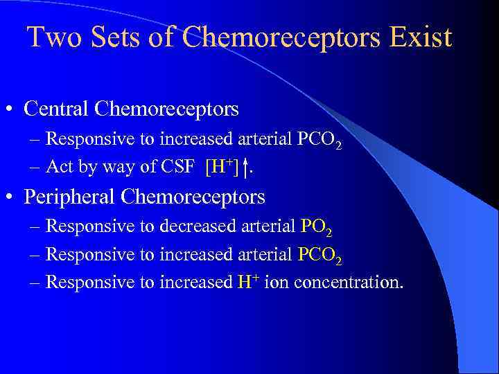 Two Sets of Chemoreceptors Exist • Central Chemoreceptors – Responsive to increased arterial PCO