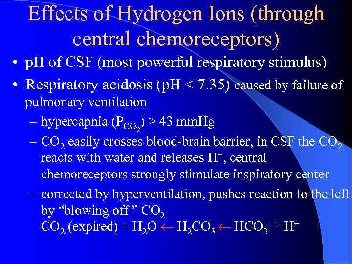 Effects of Hydrogen Ions (through central chemoreceptors) • p. H of CSF (most powerful