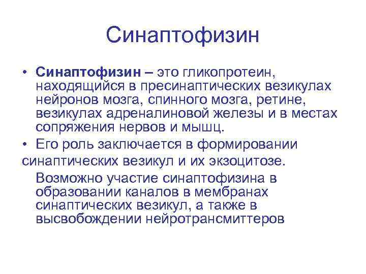 Синаптофизин • Синаптофизин – это гликопротеин, находящийся в пресинаптических везикулах нейронов мозга, спинного мозга,