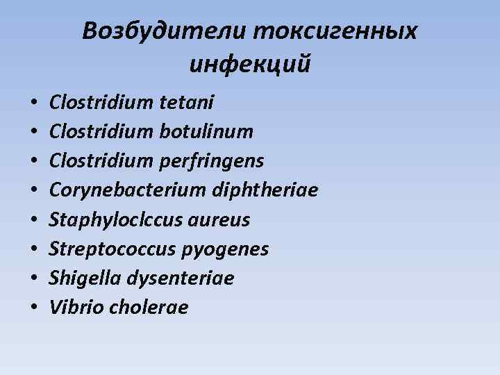 Возбудители токсигенных инфекций • • Clostridium tetani Clostridium botulinum Clostridium perfringens Corynebacterium diphtheriae Staphyloclccus